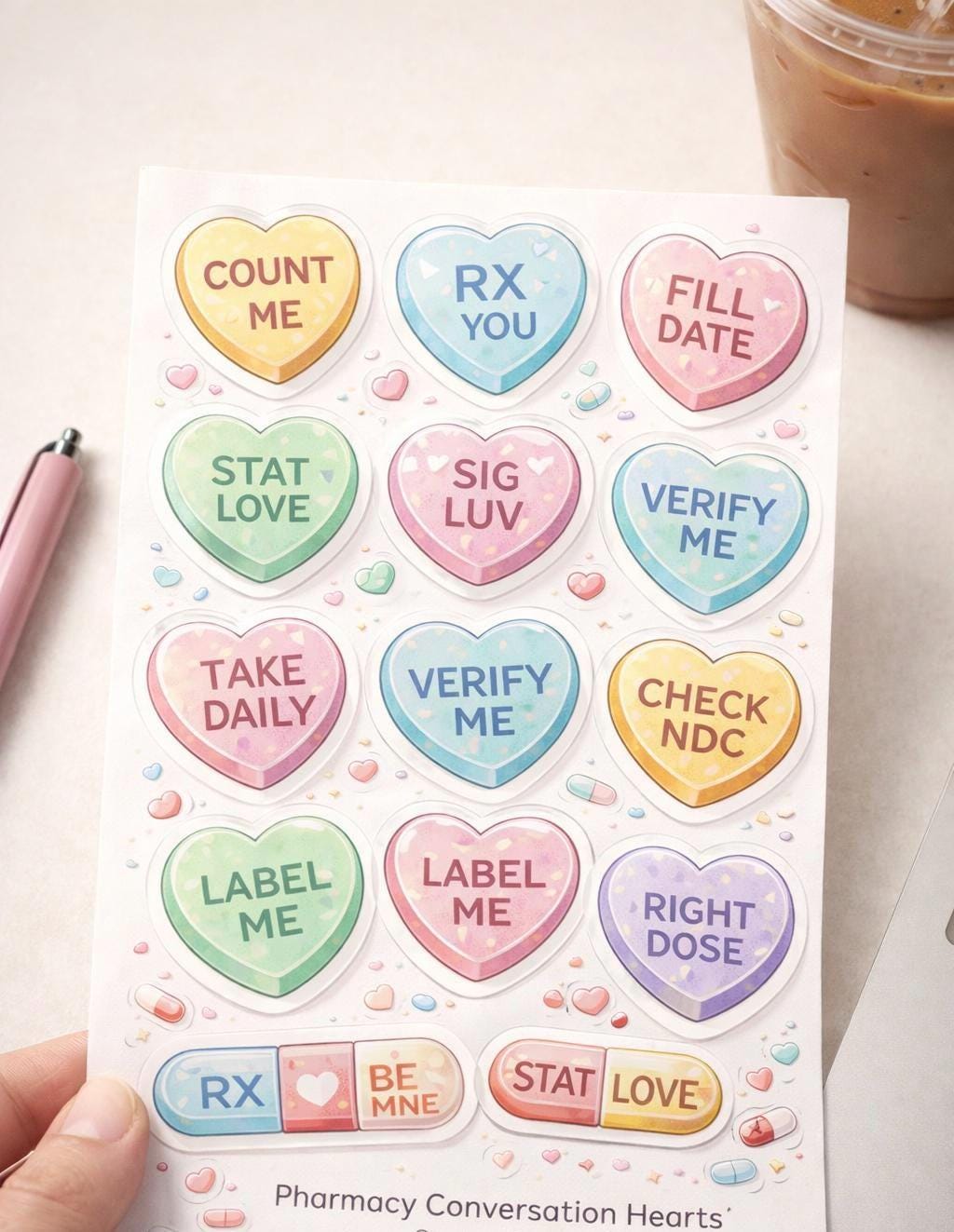 Pharmacy Conversation Hearts Sticker Sheet – Pastel Vinyl Decals (CPhT Gift)