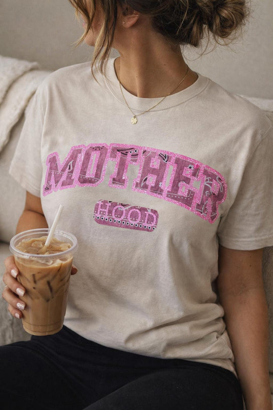 Motherhood Era Shirt | Pink Bandana Glitter Varsity Tee