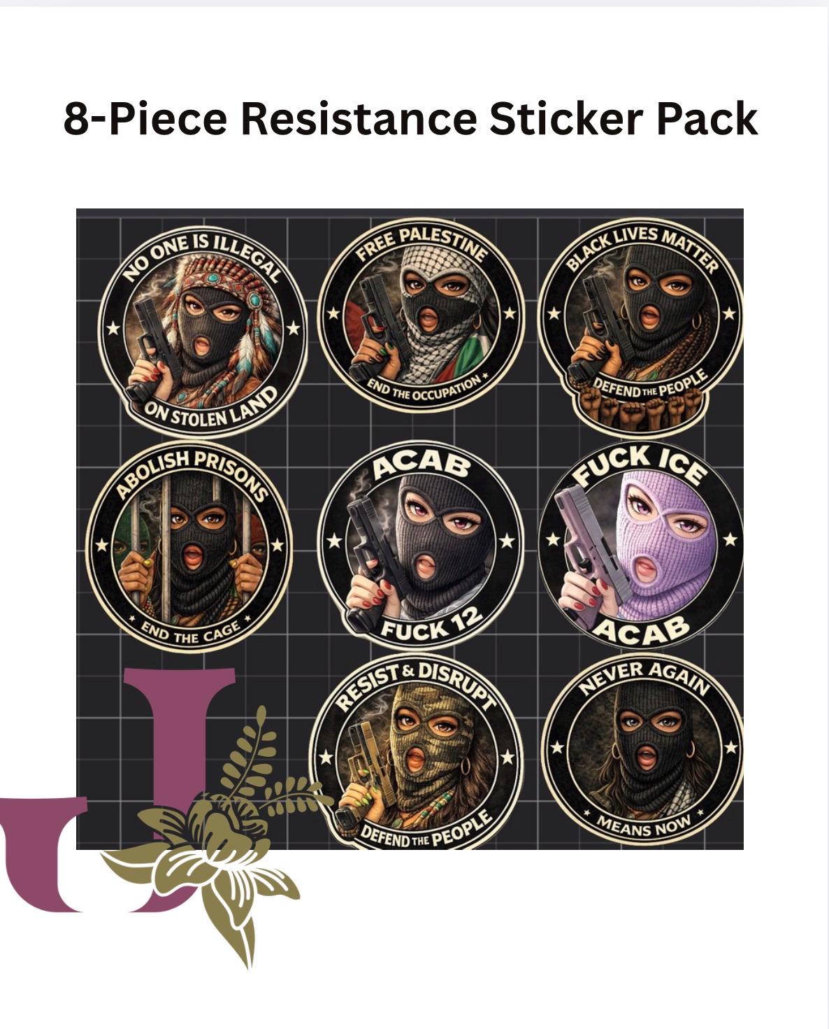 8-Piece Resistance Sticker Pack | Waterproof Vinyl Stickers | Political Activist Art | Laptop Water Bottle Stickers