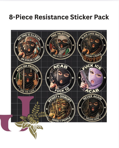 8-Piece Resistance Sticker Pack | Waterproof Vinyl Stickers | Political Activist Art | Laptop Water Bottle Stickers