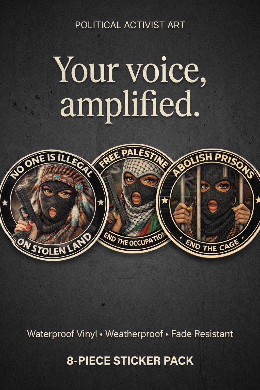 8-Piece Resistance Sticker Pack | Waterproof Vinyl Stickers | Political Activist Art | Laptop Water Bottle Stickers