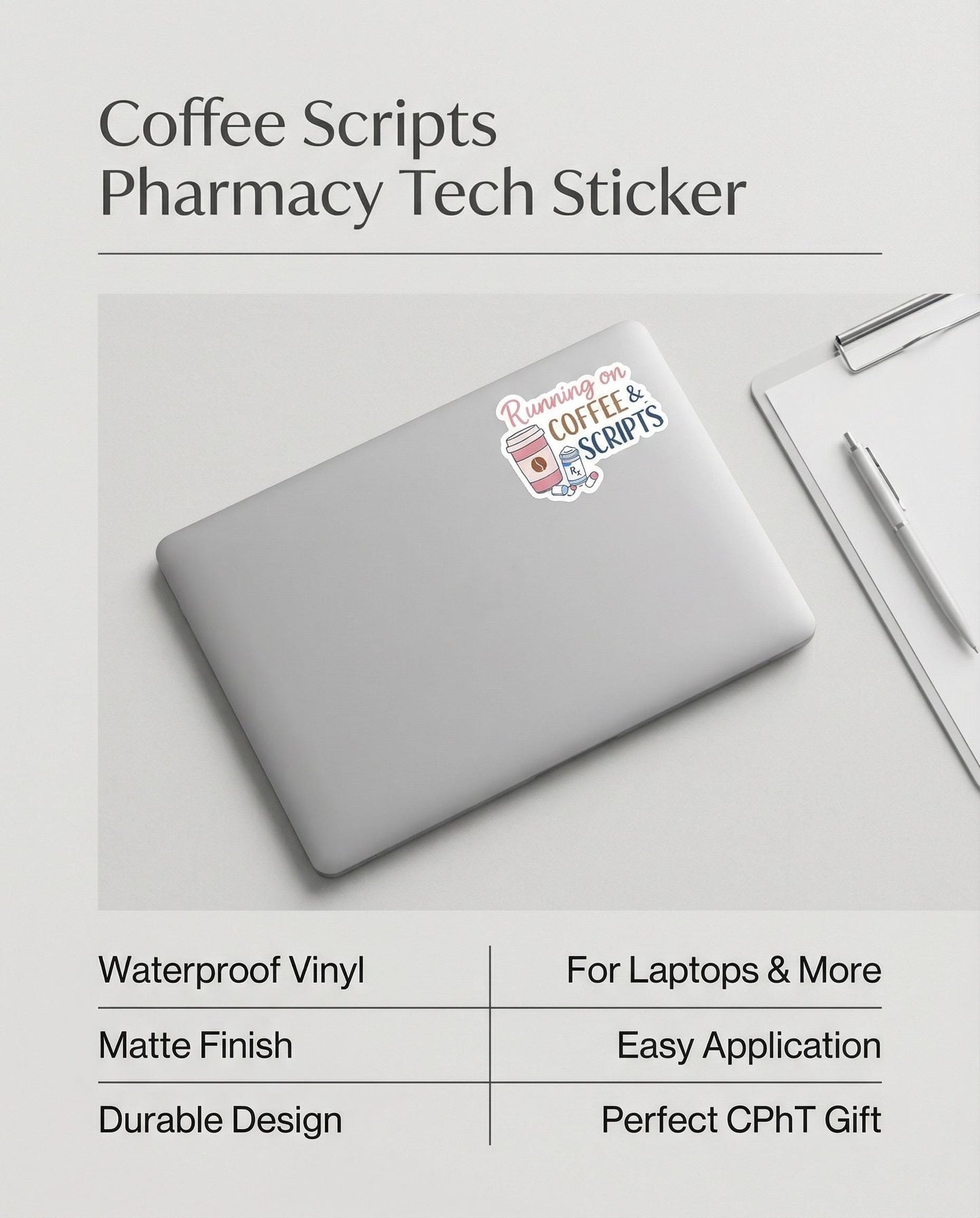 Coffee Scripts Pharmacy Tech Sticker – CPhT Laptop Decal – Healthcare Worker Gift