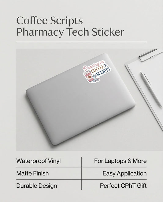 Coffee Scripts Pharmacy Tech Sticker – CPhT Laptop Decal – Healthcare Worker Gift