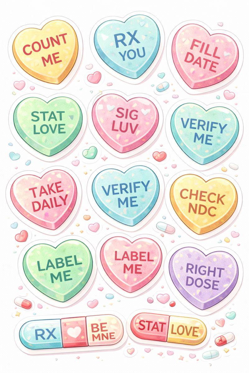 Pharmacy Conversation Hearts Sticker Sheet – Pastel Vinyl Decals (CPhT Gift)