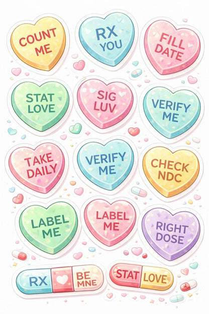 Pharmacy Conversation Hearts Sticker Sheet – Pastel Vinyl Decals (CPhT Gift)